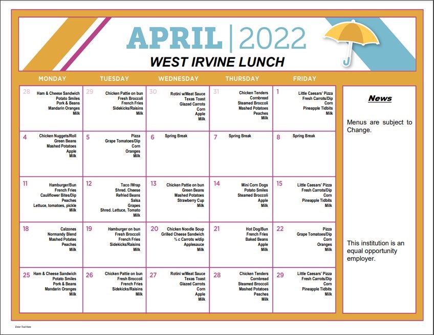 April 2022 Lunch Menu